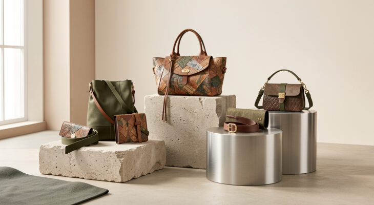 Sélection élégante de sacs, portefeuilles, ceintures et accessoires durables en matières recyclées, présentés dans un décor urbain lumineux et contemporain.