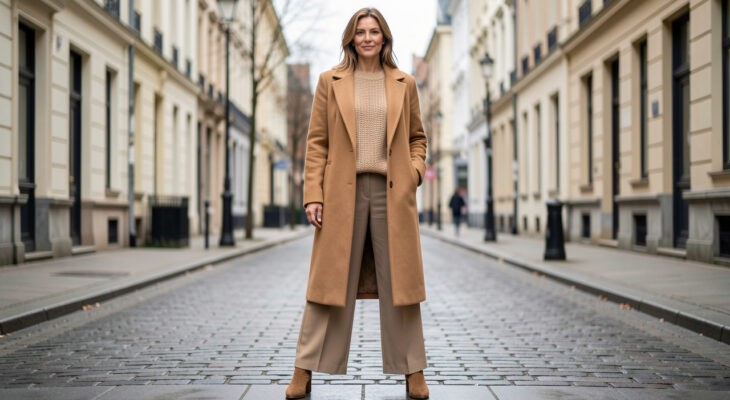 Une femme élégante porte un long manteau ajusté par-dessus un pull épais, avec une silhouette élancée et naturelle.