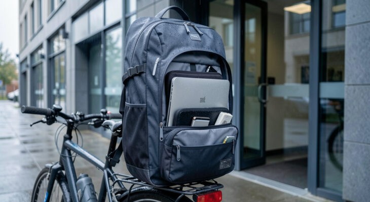 Sac à dos de vélo imperméable fixé à un vélo devant un immeuble de bureaux après la pluie.
