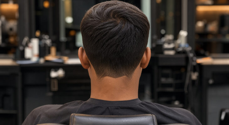 Vue arrière d’un jeune homme portant un dégradé en V avec une nuque nette et des contours précis dans un salon de coiffure moderne.