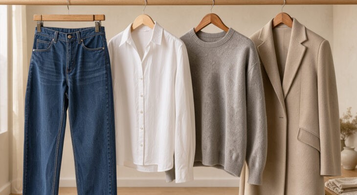 Dressing féminin lumineux présentant un jean brut, une chemise blanche, un pull en laine et un manteau beige sur des cintres en bois.