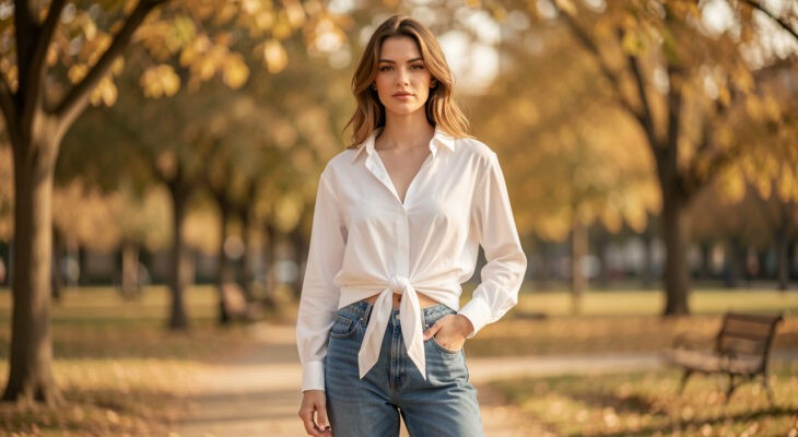 Femme portant une chemise blanche fluide nouée à la taille avec un jean bleu taille haute, photographiée dans une lumière automnale douce.