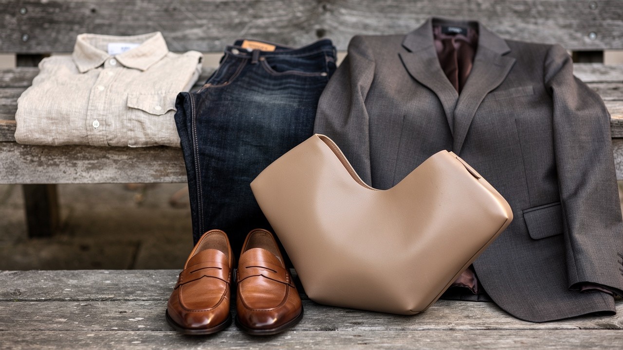 Tenue éditoriale composée d’une chemise en lin beige, d’un jean brut, d’un blazer structuré, de mocassins et d’un sac original posés sur un banc en bois.